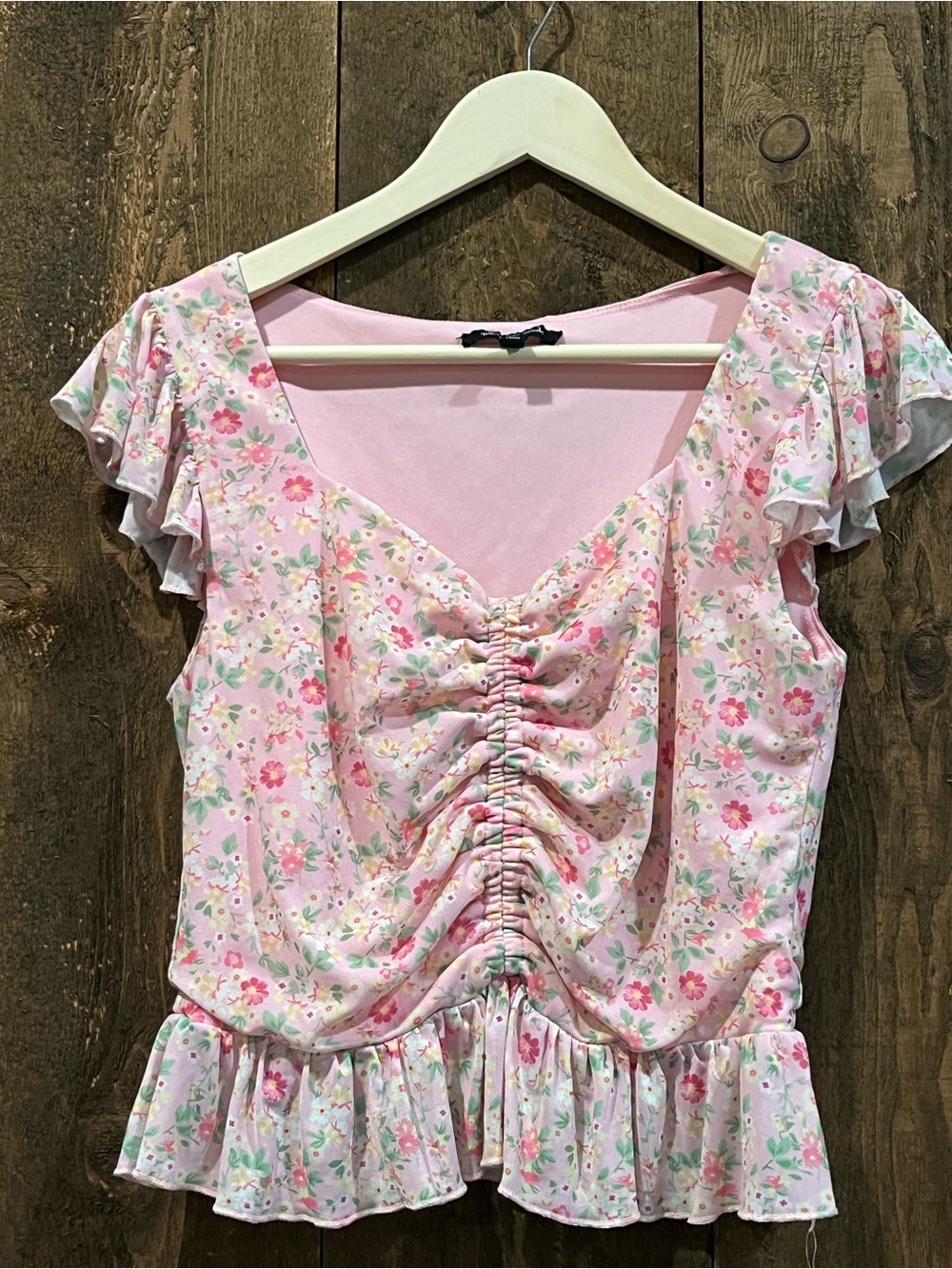 Pink Floral Ruched Ruffle Blouse